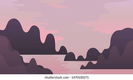 Aesthetic hand drawn illustration of soft pastel mellow purple and pink mountain and clouds landscape, nostalgic retrowave / vaporwave vibes