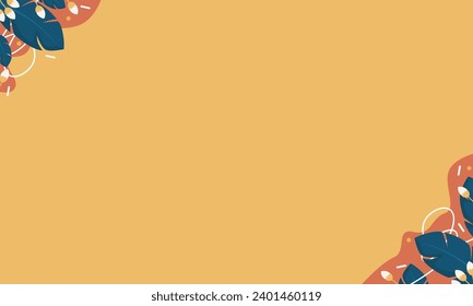 Aesthetic hand drawn leafs and flowers background. Simple pastel brown color background with copy spaces.