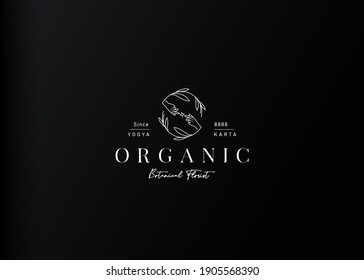 Aesthetic hand gesture logo design. Vector illustration of 2 hands will to touch with nature floral. Modern vintage icon design template with line art style.