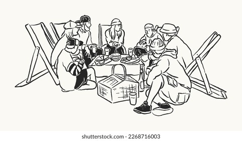 Aesthetic Hand-Drawn picnic scene illustration line art vector