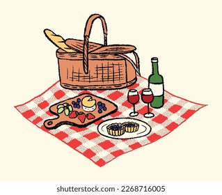 Aesthetic Hand-Drawn picnic scene illustration line art vector