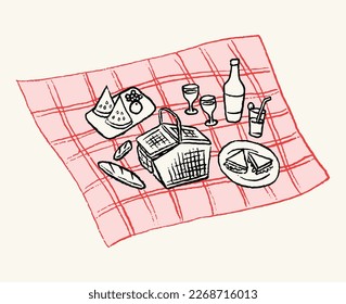 Aesthetic Hand-Drawn picnic scene illustration line art vector