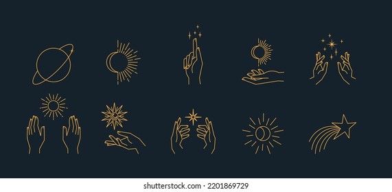 Aesthetic hands and cosmic and celestial elements. Universal cosmos related icons. Linear vector illustrations. Magic and Witchcraft symbology.