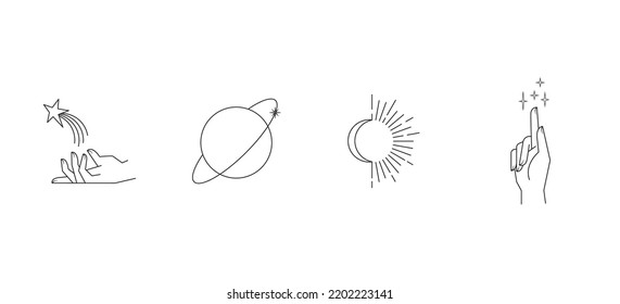 Aesthetic hands and cosmic and celestial elements. Universal cosmos related icons. Linear vector illustrations. Magic and Witchcraft symbology.