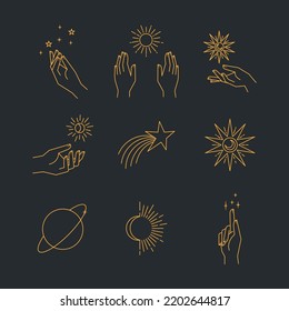 Aesthetic hands and cosmic and celestial elements. Universal cosmos related icons. Linear vector illustrations. Magic and Witchcraft symbology.