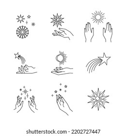 Aesthetic hands and cosmic and celestial elements. Universal cosmos related icons. Linear vector illustrations. Magic and Witchcraft symbology.