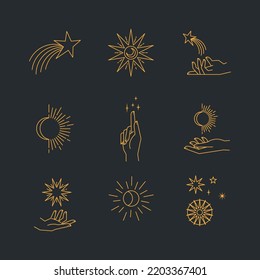 Aesthetic hands and cosmic and celestial elements. Universal cosmos related icons. Linear vector illustrations. Magic and Witchcraft symbology.