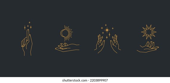 Aesthetic hands and cosmic and celestial elements. Universal cosmos related icons. Linear vector illustrations. Magic and Witchcraft symbology.