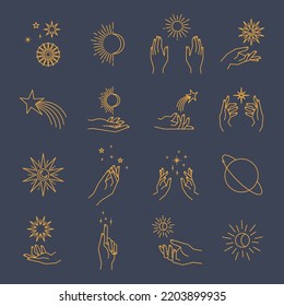 Aesthetic hands and cosmic and celestial elements. Universal cosmos related icons. Linear vector illustrations. Magic and Witchcraft symbology.