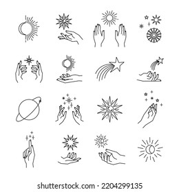 Aesthetic hands and cosmic and celestial elements. Universal cosmos related icons. Linear vector illustrations. Magic and Witchcraft symbology.