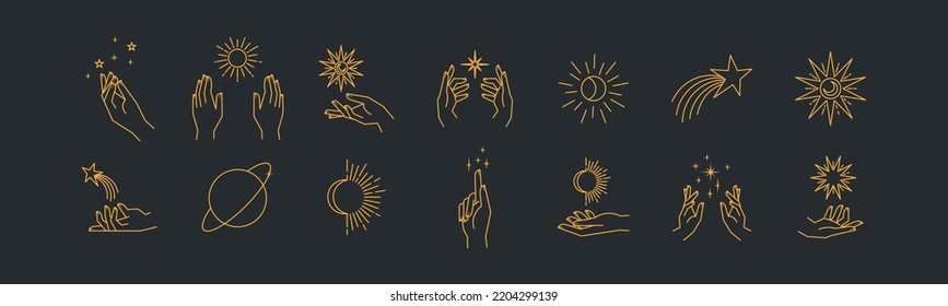 Aesthetic hands and cosmic and celestial elements. Universal cosmos related icons. Linear vector illustrations. Magic and Witchcraft symbology.