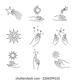 Aesthetic hands and cosmic and celestial elements. Universal cosmos related icons. Linear vector illustrations. Magic and Witchcraft symbology.