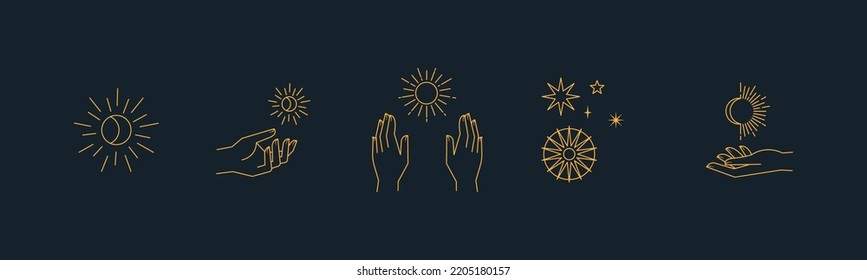 Aesthetic hands and cosmic and celestial elements. Universal cosmos related icons. Linear vector illustrations. Magic and Witchcraft symbology.