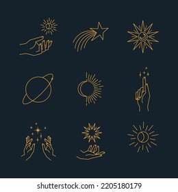 Aesthetic hands and cosmic and celestial elements. Universal cosmos related icons. Linear vector illustrations. Magic and Witchcraft symbology.