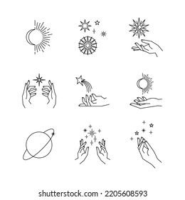 Aesthetic hands and cosmic and celestial elements. Universal cosmos related icons. Linear vector illustrations. Magic and Witchcraft symbology.