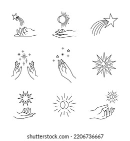 Aesthetic hands and cosmic and celestial elements. Universal cosmos related icons. Linear vector illustrations. Magic and Witchcraft symbology.