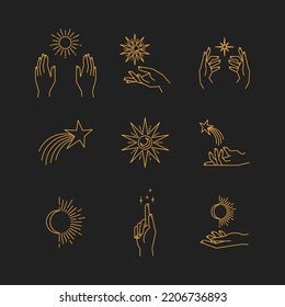 Aesthetic hands and cosmic and celestial elements. Universal cosmos related icons. Linear vector illustrations. Magic and Witchcraft symbology.