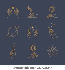 Aesthetic hands and cosmic and celestial elements. Universal cosmos related icons. Linear vector illustrations. Magic and Witchcraft symbology.