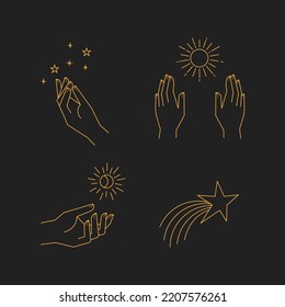 Aesthetic hands and cosmic and celestial elements. Universal cosmos related icons. Linear vector illustrations. Magic and Witchcraft symbology.