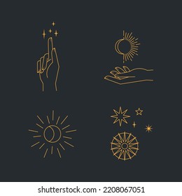 Aesthetic hands and cosmic and celestial elements. Universal cosmos related icons. Linear vector illustrations. Magic and Witchcraft symbology.
