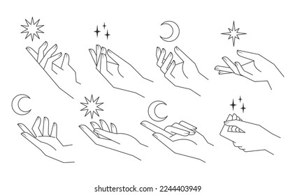 Ilustraciones lineales vectoriales de manos estéticas. Dibujos elegantes y estilizados a mano con diferentes gestos.
