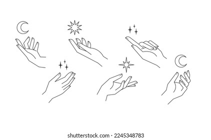 Aesthetic hands vector linear illustrations. Stylized elegant hand drawings with different gestures.
