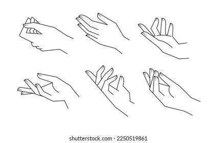 Aesthetic hands vector linear illustrations. Stylized elegant hand drawings with different gestures.