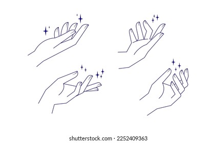 Aesthetic hands vector linear illustrations. Stylized elegant hand drawings with different gestures.