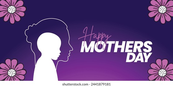 Aesthetic "Happy Mothers' Day" mom and child affection concept greeting design for all mother lovers. Mother's Day Banner Design with flowers on the border on a purple gradient. EPS Format.