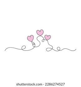 Aesthetic hearts continuous one line art drawing, valentines day concept, heart love couple outline artistic isolated vector illustration on white background.