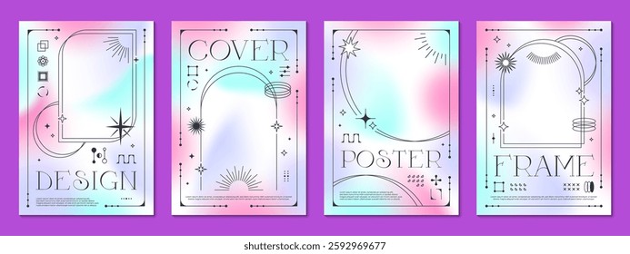 Aesthetic hologram colors y2k gradient posters. Abstract background or cover templates with bright color spots and boho elements. Vector vertical cards with brutal figures and linear celestial shapes