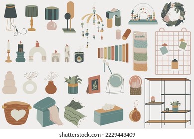 Aesthetic home items big set. Vector accessories for a cozy home and children's room in one set.