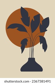 Aesthetic illustration with ceramic vase and leaves. Pottery workshop.