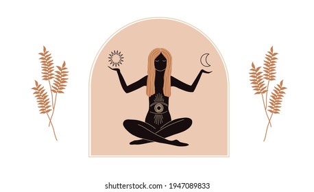 Aesthetic illustration. Mystical drawing. In a yoga pose. Mysterious silhouette. Feminine power. Exotic girl. Hair of gold color. Beautiful bohemian print. The energy is female. Warm fauna.