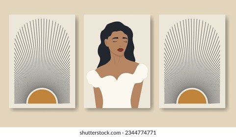 Aesthetic illustration set with minimalist sun poster