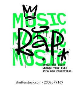 Aesthetic illustration with urban graffiti street art and typography. Grunge text of Rap. Ready use print for DJ, music festival, podcast, party. Nostalgia for 1980s and 1990s - Vector artwork.