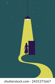 Aesthetic illustration of young dreaming woman. Dressed girl and door under a lamp light at night