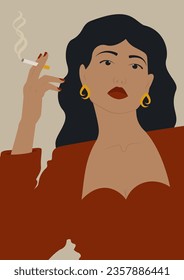Aesthetic illustration of young woman smoking a cigarette.