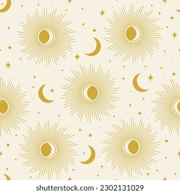Aesthetic illustrations seamless pattern with celestial moon phases. Sun rays and stars