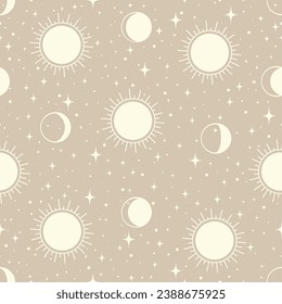 Aesthetic illustrations seamless pattern with celestial moon phases. Sun rays and stars