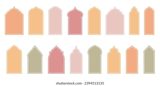 Formas vectoriales islámicas estéticas que representan las ventanas y los arcos de las puertas. Marcos árabes con iconos de silueta de Ramadán Kareem. Ilustraciones de la elegante puerta de la mezquita.