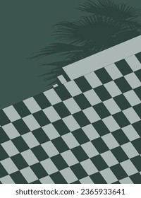 aesthetic isometric tiles floor with steps and tropical palm leaves, mono contrast color