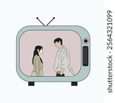 aesthetic kawaii hand drawn korean drama on retro tv illustration. couple dating scene