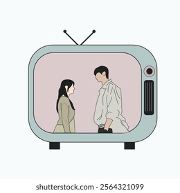 aesthetic kawaii hand drawn korean drama on retro tv illustration. couple dating scene