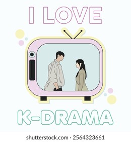 aesthetic kawaii hand drawn korean drama on retro tv illustration. couple dating scene