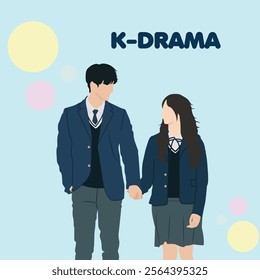 aesthetic kawaii hand drawn korean illustration. couple dating scene