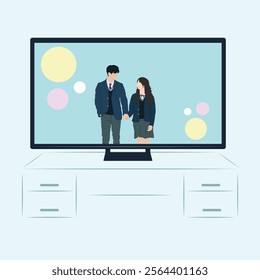 aesthetic kawaii hand drawn korean drama on tv illustration. couple dating scene