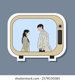 aesthetic kawaii hand drawn korean drama on retro tv illustration. couple dating scene sticker