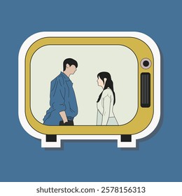 aesthetic kawaii hand drawn korean drama on retro tv illustration. couple dating scene sticker