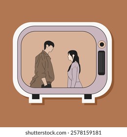 aesthetic kawaii hand drawn korean drama on retro tv illustration. couple dating scene sticker